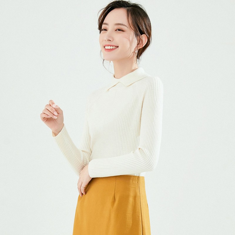 恒源祥羊毛衫女翻领修身2019新款冬季纯色针织衫POLO领打底衫毛衣_2 170/92A 本白
