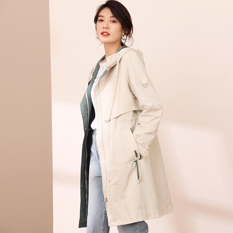 恒源祥连帽宽松风衣女秋2019新款工装风休闲外套内外撞色长袖大衣_1 170/XL 米色