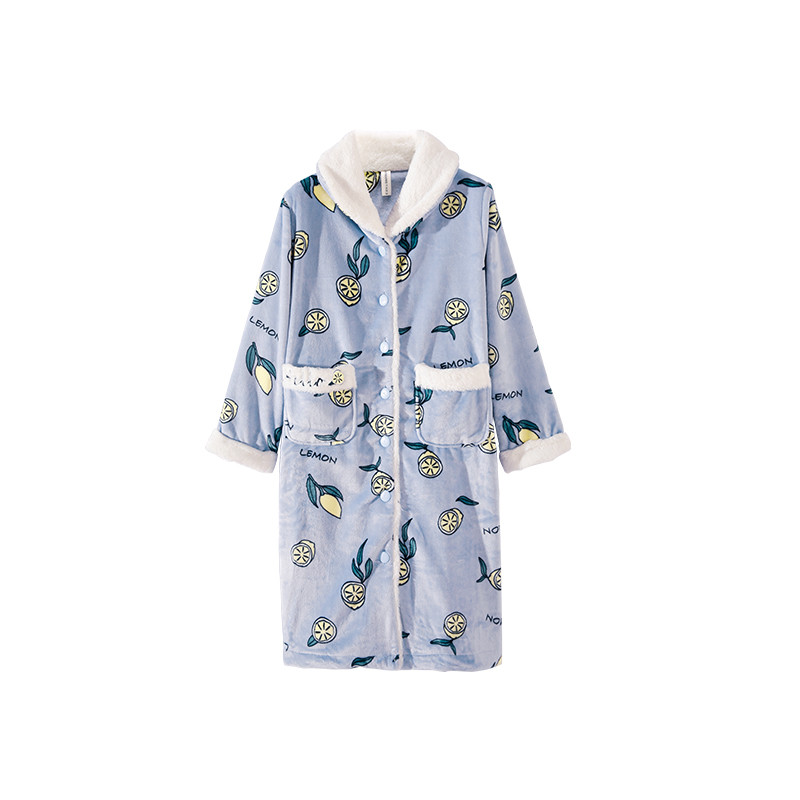 芬腾千线艺法兰绒睡衣女冬中长款睡袍珊瑚绒韩版可爱家居服服 M J55941124兰色