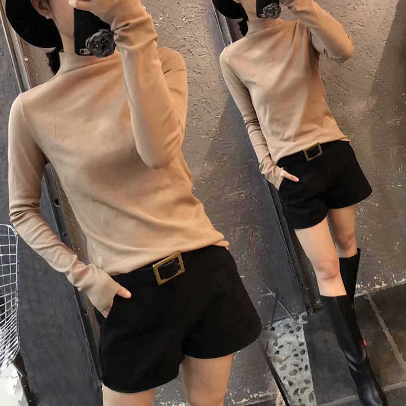 2019韩版新款半高领打底衫加绒长袖女装t恤洋气秋冬内搭修身上衣潮 杏色（磨毛款） XL
