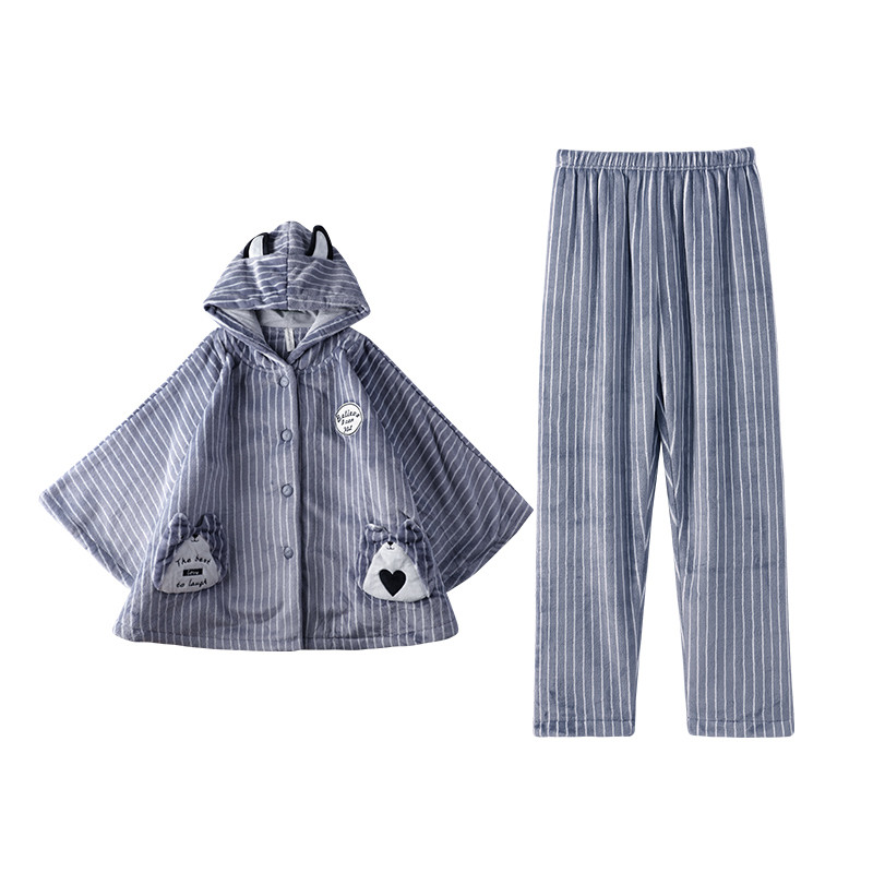 芬腾千线艺法兰绒睡衣女秋冬可爱连帽蝙蝠袖珊瑚绒家居服套装 S X55041387灰色