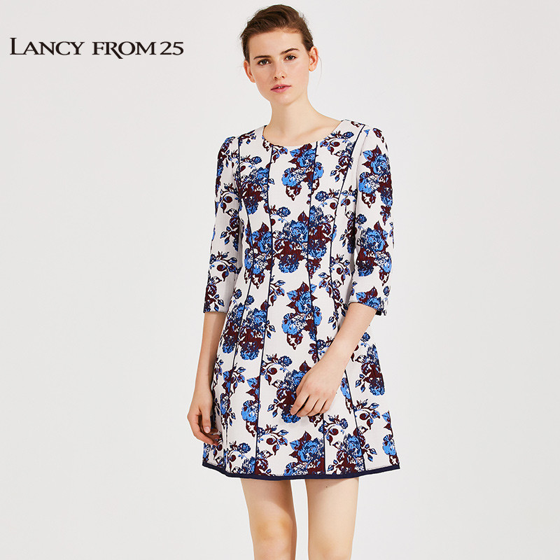 LANCY朗姿冬季新款时尚印花撞色包边五分袖连衣裙043_372 160/80A/M 酒红色