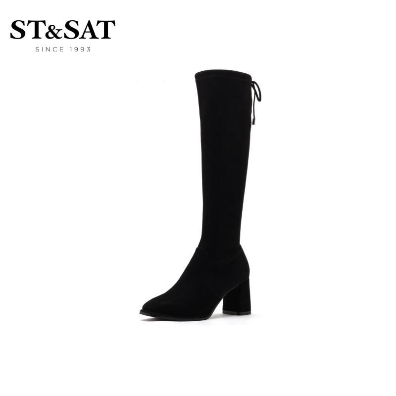 星期六(ST&SAT)鞋子2019新款女粗高跟时装靴瘦瘦靴长靴SS94117374 10黑色 37码