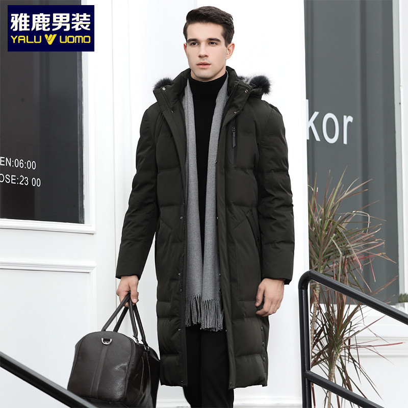 雅鹿过膝加长款大狐狸毛领冬季保暖羽绒外套厚款男士羽绒服1046YA09603 G4(墨绿） 185