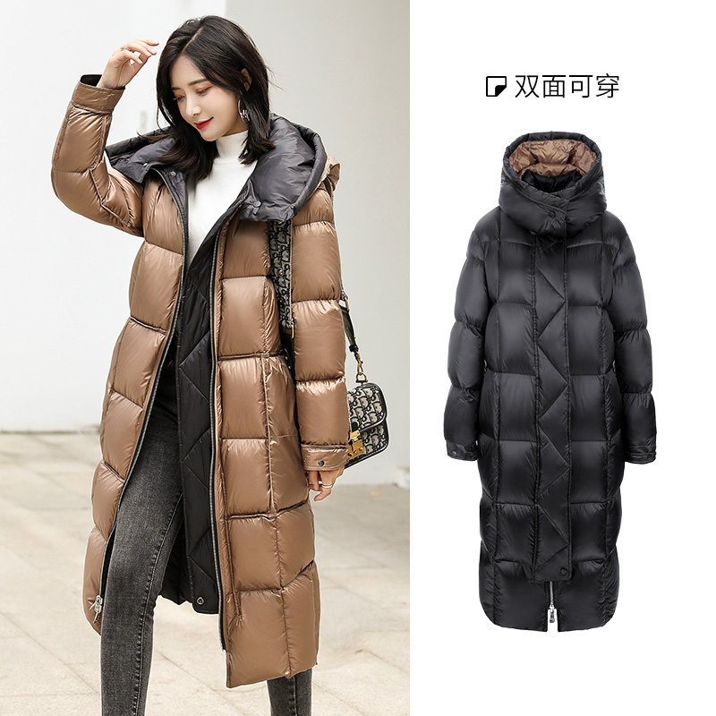 高梵2019新款羽绒服女长款过膝韩版时尚面包服双面穿加厚外套 L 黑色