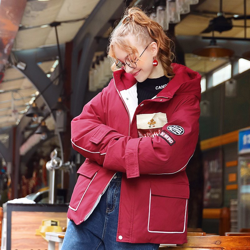 圣诞红色工装羽绒服女2019年冬季新款中款矮个子韩版连帽外套潮流 L 红色