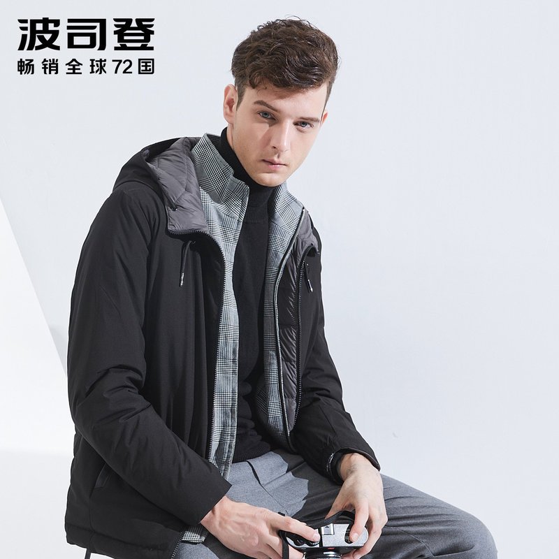 波司登轻薄羽绒服男士短款休闲双面可穿防寒连帽外套_1 180/96A 黑色梦幻灰80CX