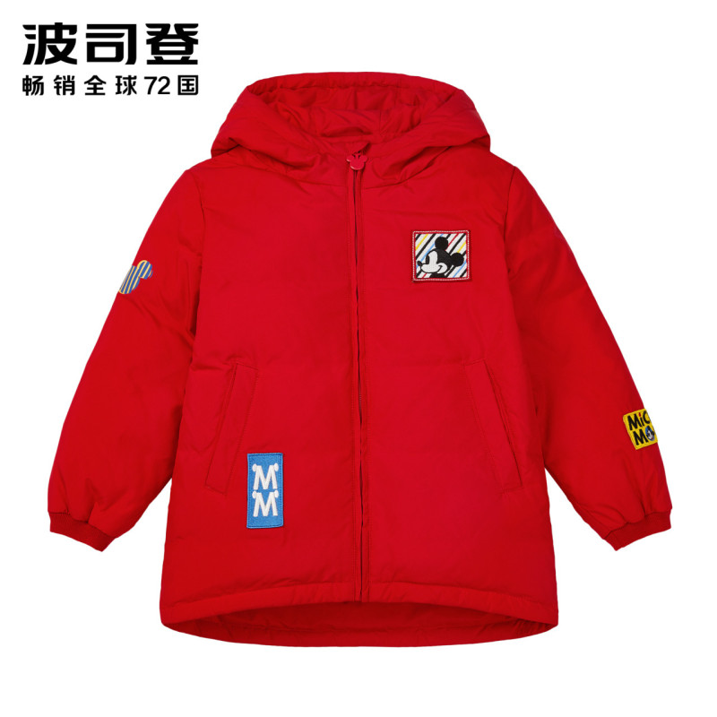 波司登新款迪士尼贴标外套男女童可爱保暖卡通羽绒服 中国红1215 120/60