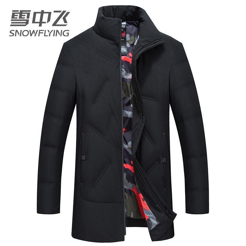 雪中飞羽绒服男短款立领运动修身休闲上衣透气保暖外套男_3 黑色 195