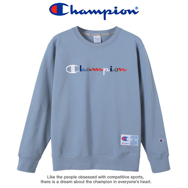 Champion 冠军运动卫衣圆领男女士彩虹刺绣LOGO情侣秋冬季加绒休闲宽松帽衫 9077 9047雾霾蓝（不加绒） M