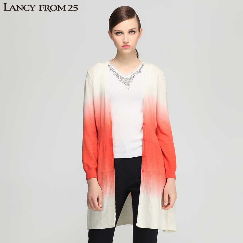 LANCY朗姿专柜正品女春时尚撞色中长款针织开衫LC15100KCD005_1 77/L 粉色