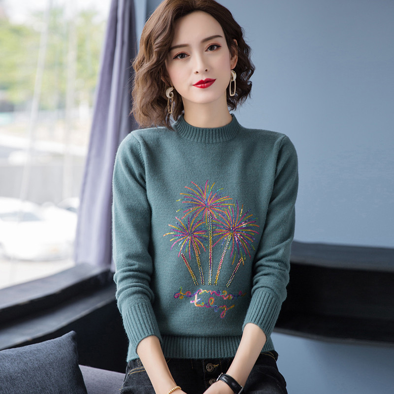 鄂尔多斯市羊绒衫女士100%羊毛衫女秋冬装保暖针织打底衫宽松大码半高领套头百搭毛衣女装冬毛衣套头宽松大码显瘦羊绒打底衫 M适合95-105斤 353芥黄