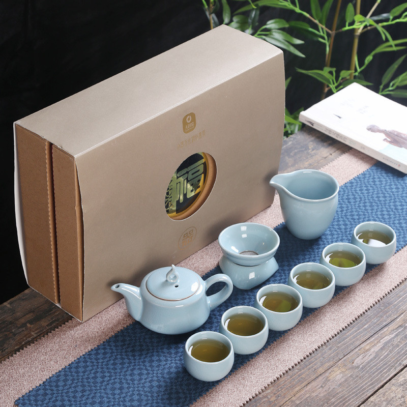大润窑(DA RUN YAO)金砖风采蓝色哥窑茶壶 茶海 茶杯 茶漏组 10件套单套装 如图色