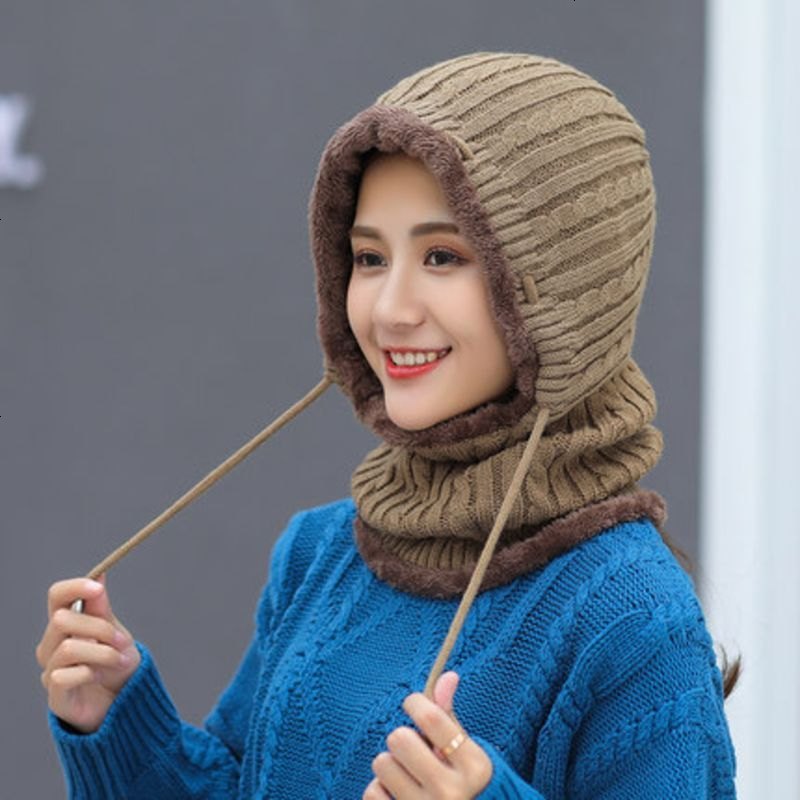户外防寒冬帽保暖套头帽女士骑车防风帽冬季毛线帽护脖颈连体帽子_30_325 均码有弹性_卡其