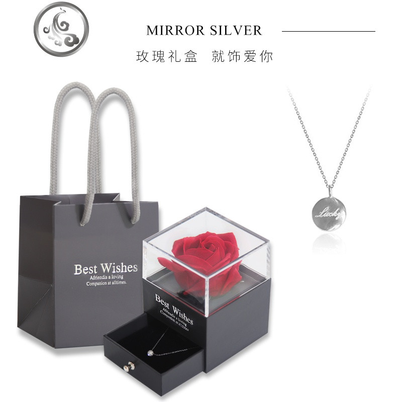 韩版小金豆英文刻字doctors朴信惠S925纯银锁骨链项链女_1_53 银色项链一条+玫瑰礼盒套装