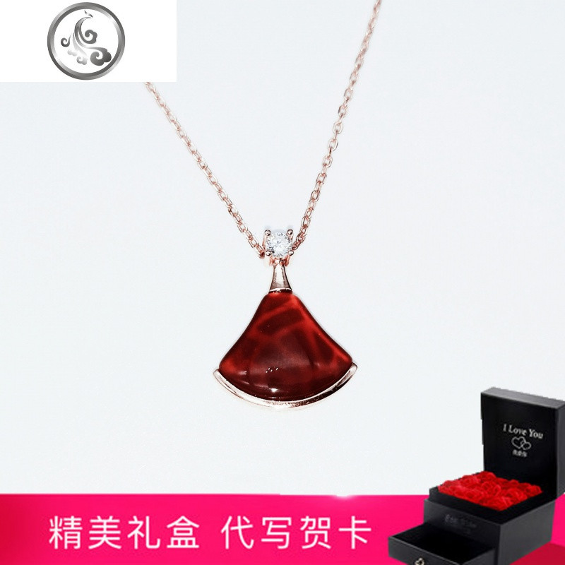 2019小裙子扇形项链女气质纯银锁骨链简约吊坠小众设计网红款 酒红色红玛瑙玫瑰花礼盒