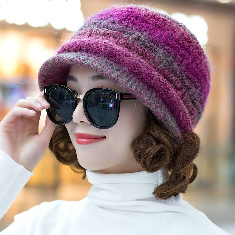 毛线帽子女冬天韩版手工编织加厚保暖鸭舌帽加绒针织帽中年妈妈帽 均码有弹力_玫红