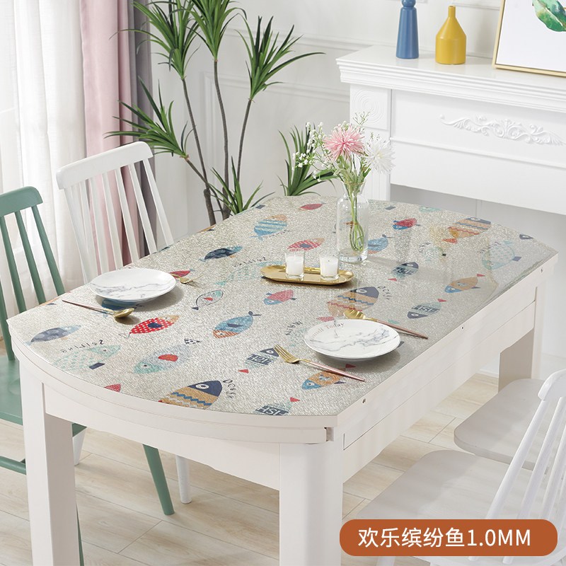 椭圆形餐桌布可折叠伸缩桌垫透明软塑料玻璃防水防烫防油免洗桌布_1_320 中间椭圆部分85*135cm 欢乐缤纷鱼1.0mm【环保无味】
