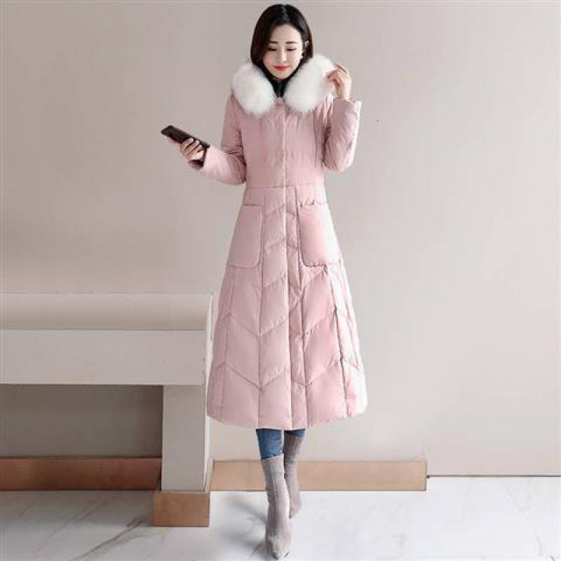 韩版羽绒棉服女长款冬装修身显瘦过膝大码大毛领棉衣外套_249 2XL建议130-145斤 粉色