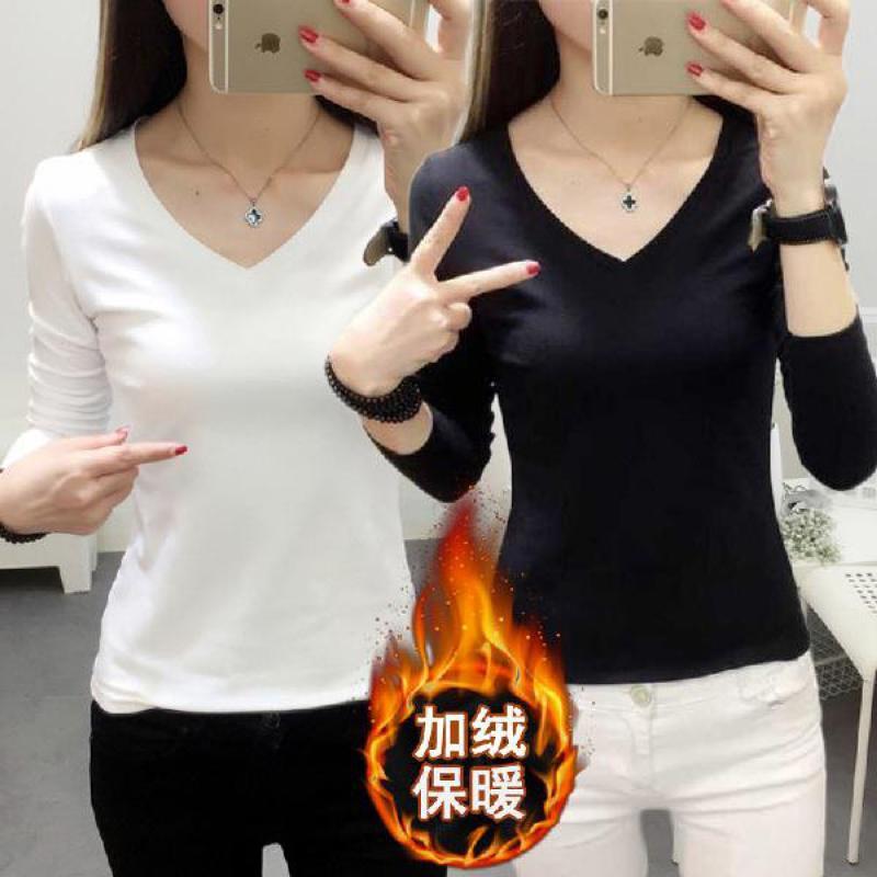 黑色打底衫女圆领T恤2019冬季保暖内衣修身加绒加厚纯色百搭长袖_1_412_629 XXL 加绒V领白(送)加绒V领黑