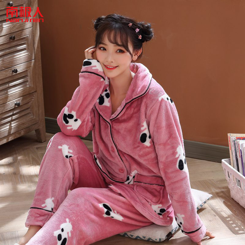 睡衣女冬季加厚珊瑚绒韩版开衫长袖大码法兰绒家居服保暖秋冬套装C2009 L 粉色奶牛