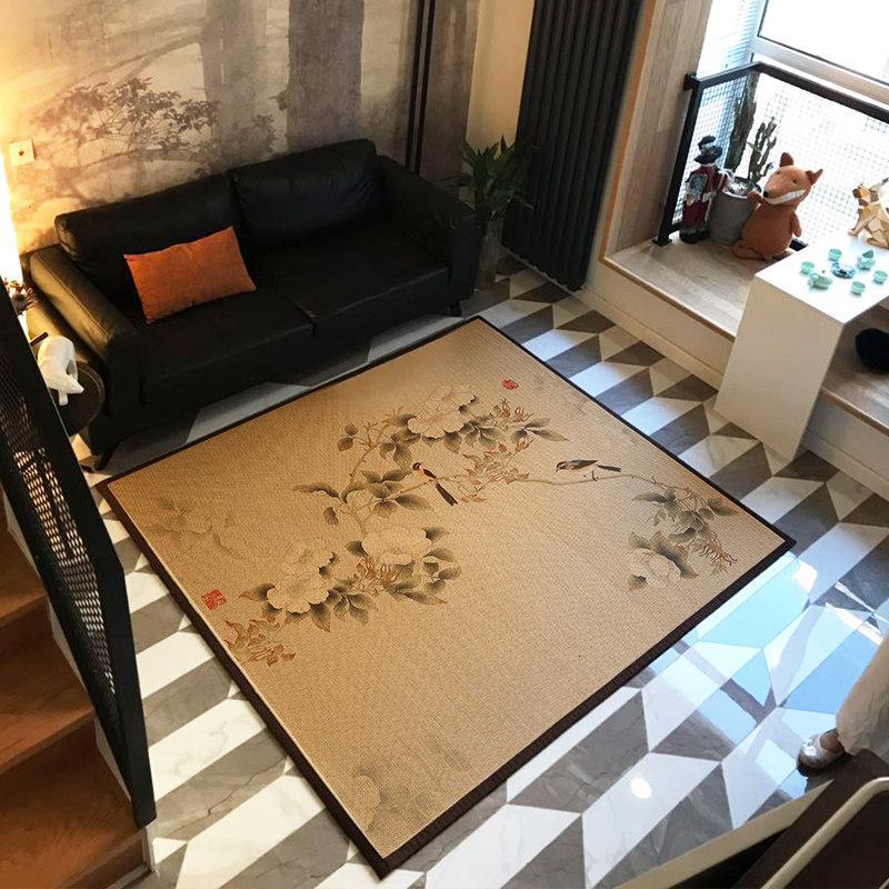 竹席地毯卧室榻榻米竹编中式客厅地垫日式房间床边满铺折叠飘窗垫_1_83 100*180cm 印花（鹊上枝头）15天发货