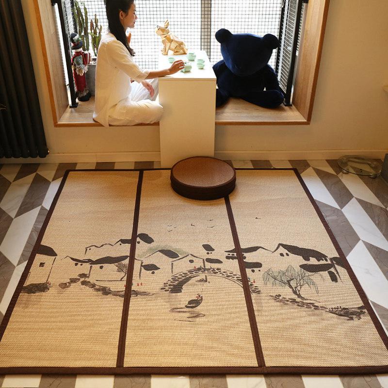 竹席地毯卧室榻榻米竹编中式客厅地垫日式房间床边满铺折叠飘窗垫_1_83 55*150cm 印花拼接（小桥流水）15天发货