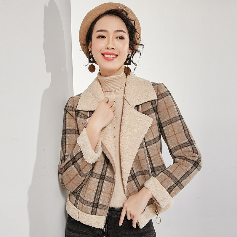 欧昵雪秋冬英伦风翻领仿羊羔毛呢子短外套女宽松格子大衣 M 深卡其色