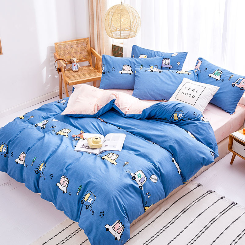 南极人(NanJiren)家纺 全棉四件套纯棉斜纹绗缝床品套件 床上用品1.5m床1.8米床床单被套 1.5-1.8米床通用（被套200x230cm） 汽车总动员-蓝