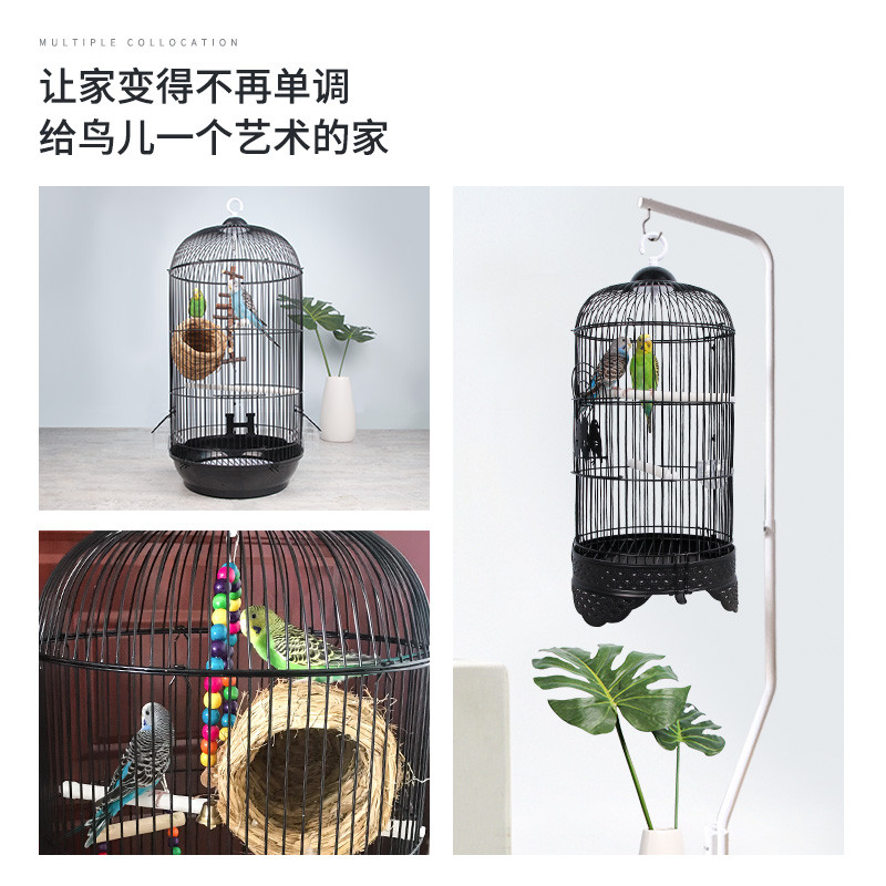 鹦鹉鸟笼虎皮玄凤八哥文鸟豪华别墅繁殖圆笼大号金属不锈钢鸟笼子_1 欧洲艺术圆笼大号白色+草窝+喂水器+七彩吊桥爬梯