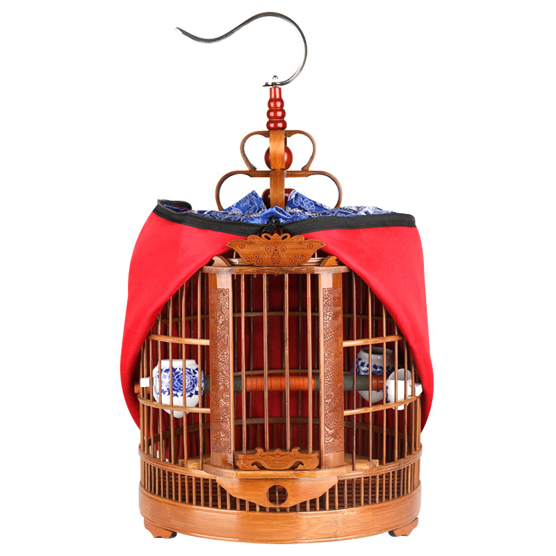 生头画眉鸟笼竹精品全套配件贵州手工刻老竹八哥鸟笼子竹制大号_2 福禄寿笼30cm豪华版（全套）