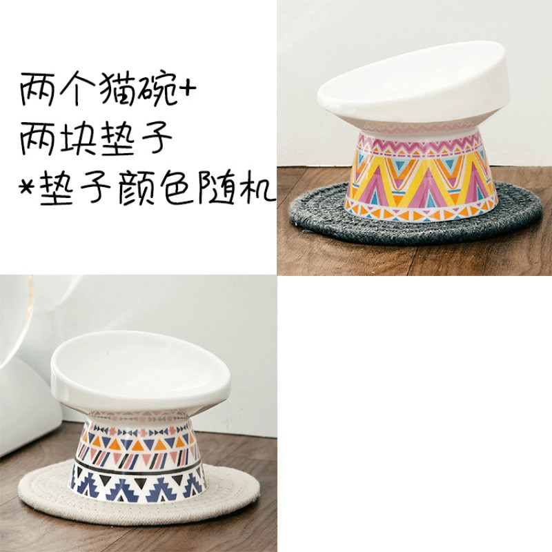 保护颈椎斜口高脚猫碗陶瓷猫粮碗猫咪食盆饭盆宠物用品单碗 通用款 蓝+黄(含两块垫）