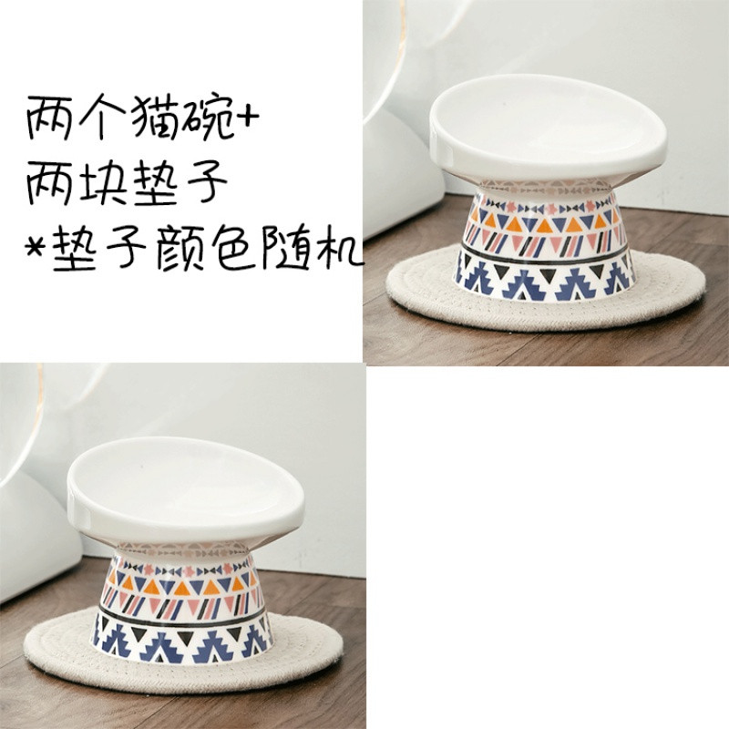 保护颈椎斜口高脚猫碗陶瓷猫粮碗猫咪食盆饭盆宠物用品单碗 通用款 蓝+蓝(含两块垫）