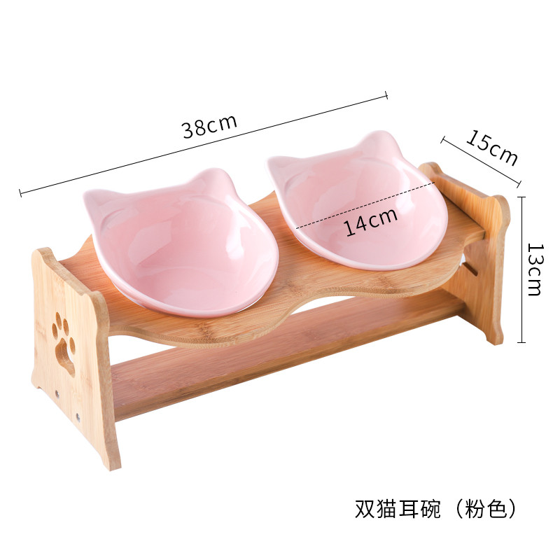 猫碗宠物用品碗陶瓷双碗食盆防打翻木架护颈吃饭喝水斜口碗猫咪碗_1 高度调节大小通用 猫耳双碗+木架+纯粉色