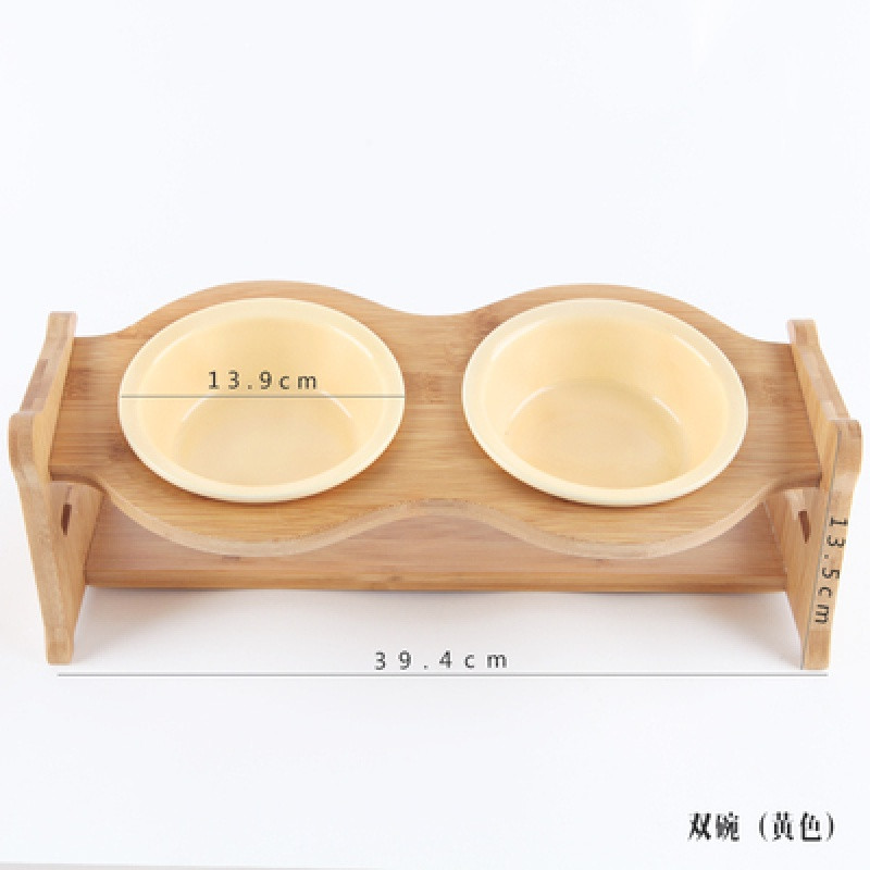 猫碗宠物用品碗陶瓷双碗食盆防打翻木架护颈吃饭喝水斜口碗猫咪碗_1 高度调节大小通用 双圆碗+木架+纯黄色