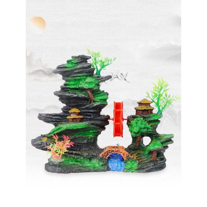 鱼缸水车可转风车水轮增氧氧气泵造景假山石头装饰小摆件加氧气泡_1