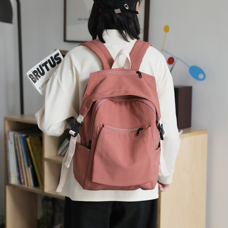 花曦双肩包女韩版原宿ulzzang高中大学生ins工装风背包女双肩书包C2PDK7 西瓜红防盗扣+背部口袋