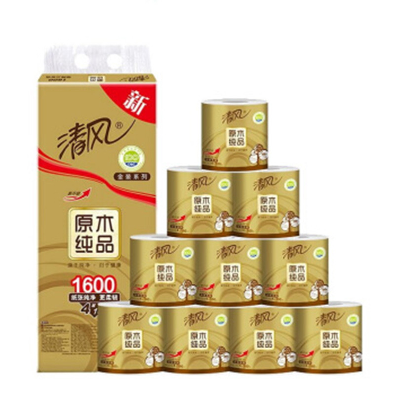 清风原木纯品纸金装4层有芯卷纸 10卷