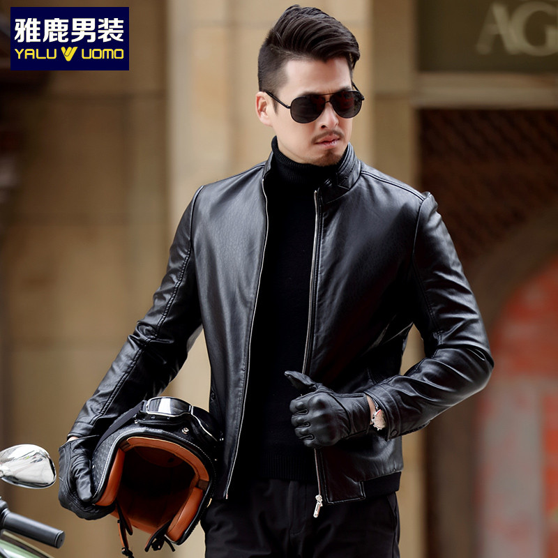雅鹿男装皮衣厚男商务休闲立领皮夹克外套YL-1618 黑色 170