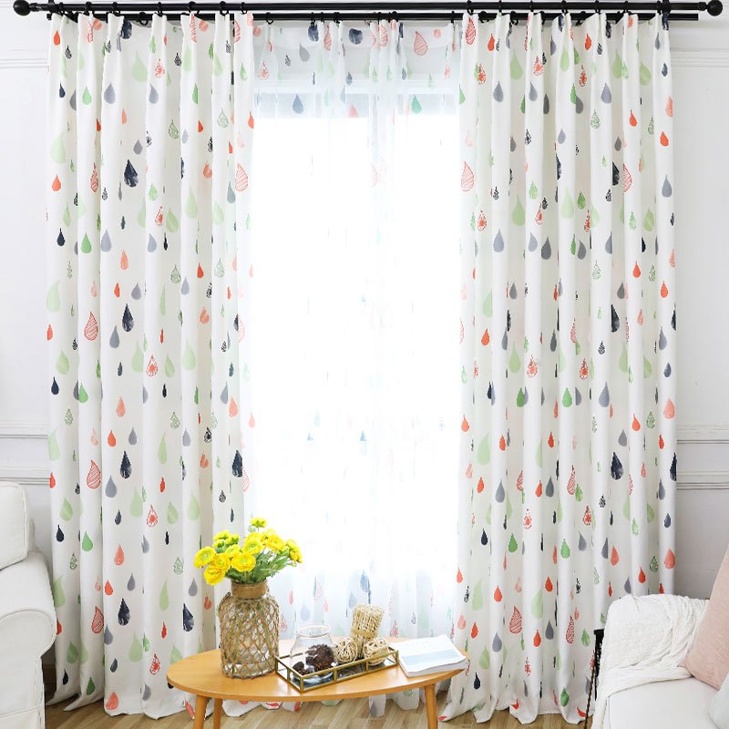 儿童卧室窗帘飘窗客厅落地窗布帘小雨滴书房成品窗帘布艺现代 宽3高2.6挂钩【高度免费裁剪】 青春雨滴白色窗帘