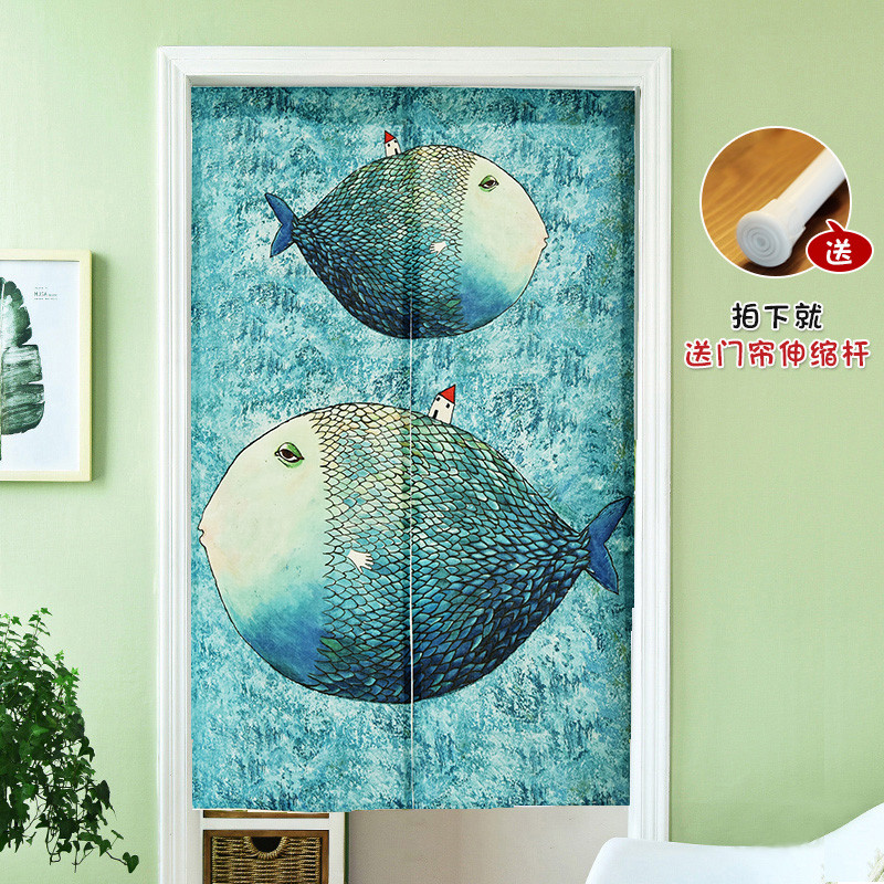 儿童房帘免打孔卧室隔断装饰帘加厚布艺家用卫生间半帘 60*90对开(宽*高) 大鱼小房子门帘送杆