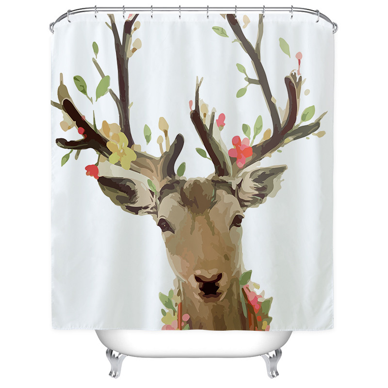 北欧个性大象浴帘防水卫生间洗澡间隔断布洗澡淋浴房挂帘套装弧形_2 默认尺寸 花草小鹿浴帘150宽*高200cm