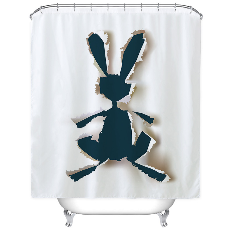 北欧个性大象浴帘防水卫生间洗澡间隔断布洗澡淋浴房挂帘套装弧形_2 默认尺寸 素描兔子浴帘150宽*高180cm