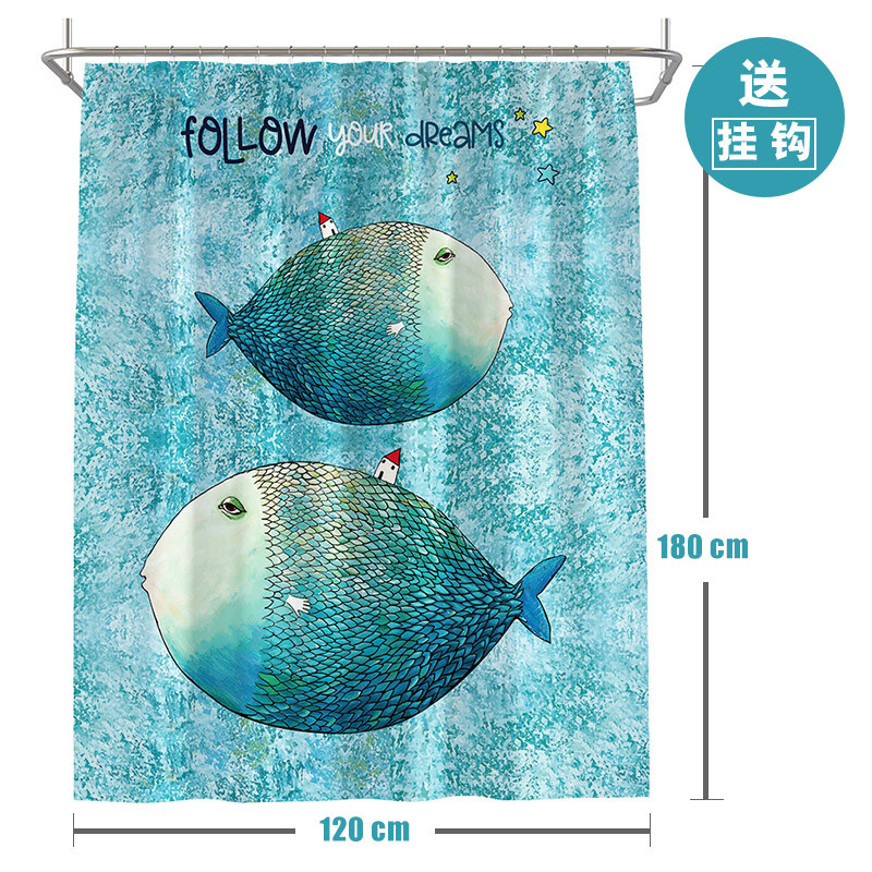 ins北欧浴帘浴室防水布淋浴房隔断挂帘加厚防霉卫生间套装免打孔_3 默认尺寸 大鱼小房子浴帘宽120高180cm送钩
