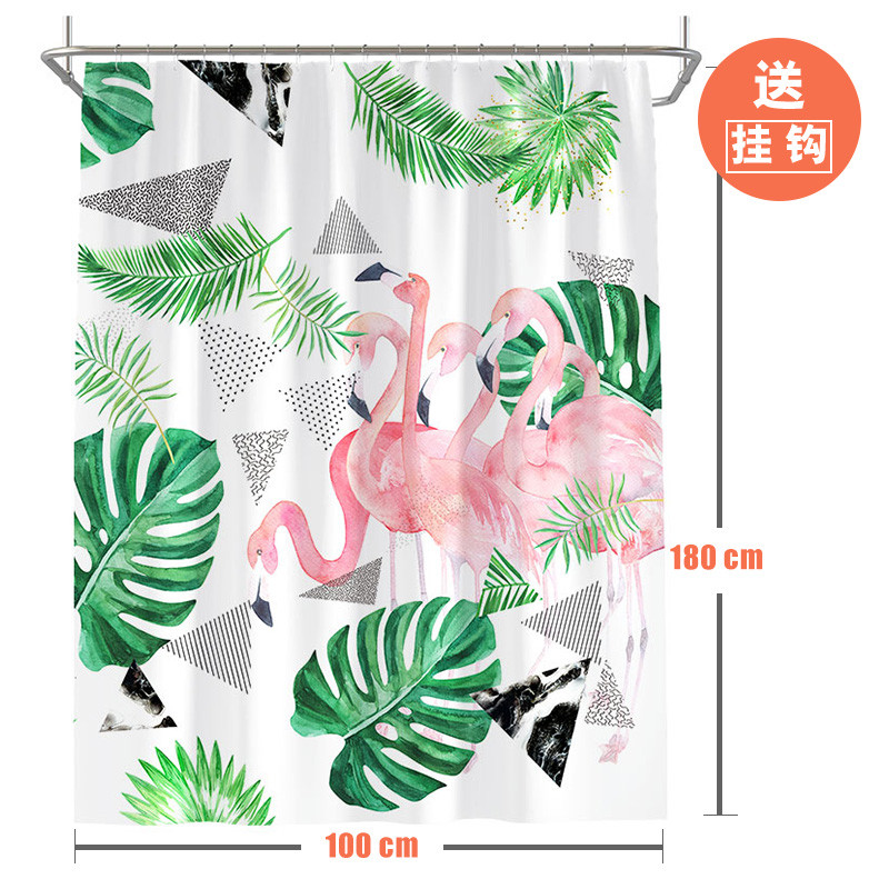 北欧ins风火烈鸟浴帘网红加厚防水布浴缸挂帘子浴室淋浴隔断拉帘_1 默认尺寸 公主粉火烈鸟浴帘宽100高180送钩