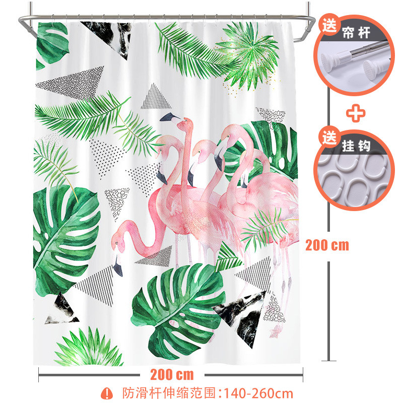 北欧ins风火烈鸟浴帘网红加厚防水布浴缸挂帘子浴室淋浴隔断拉帘_1 默认尺寸 【套餐含杆优惠10元】200*200cm