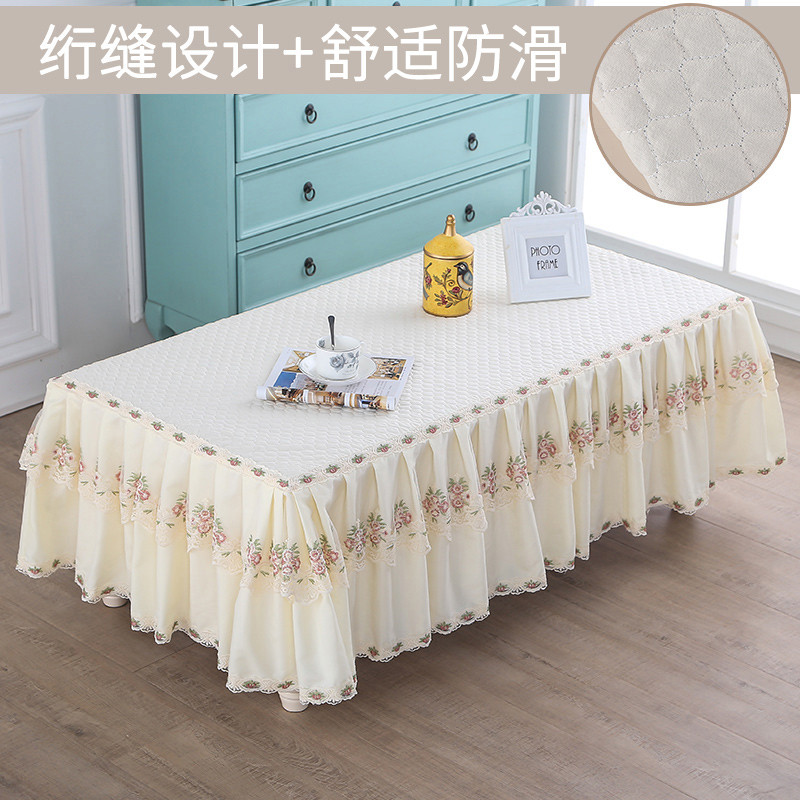客厅茶几桌布套布艺长方形布艺防滑蕾丝电视柜家用田园茶几套罩_3 宽80cm*长140cm*高40cm 似水柔情茶几布-米色