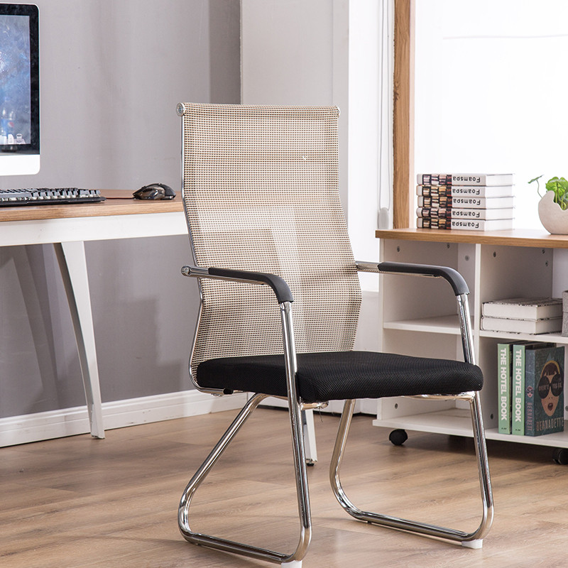 办公椅会议室靠背椅洽谈椅职员电脑椅学习椅家用麻将椅学生宿舍椅_3 米色网背银脚钢制脚固定扶手