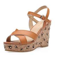 SELFTREND涉趣日系真皮绣花厚底坡跟女凉鞋棕色W22006(36)