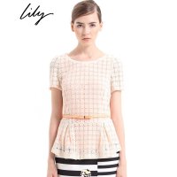 Lily秋新款女装甜美修身荷叶边下摆短袖蕾丝衫113310G8502 61本白 S